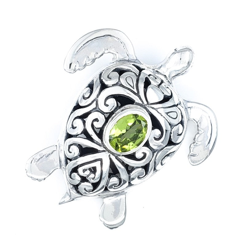 Large Ornate Sterling Silver Turtle Pendant with Peridot