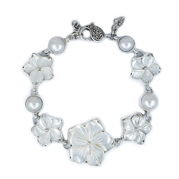 White Mother of Pearl & Sterling Silver Hibiscus Bracelet with Freshwa