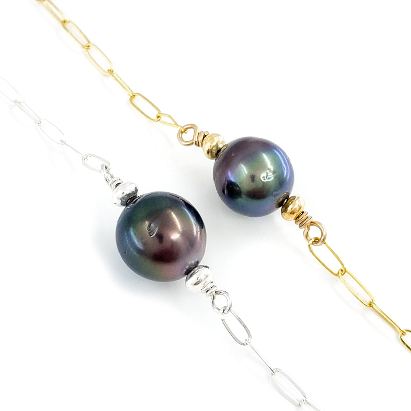 9-10mm Tahitian Pearl on 14k Gold Filled or Sterling Silver Paperclip Chain Bracelet