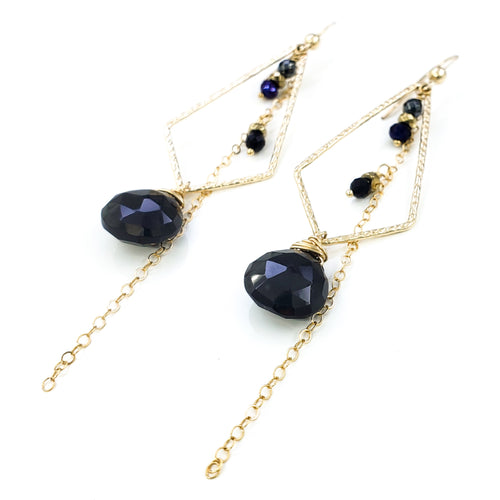 Long Textured Gold Earrings with Black Spinel
