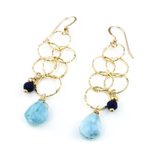 Long Dangly Gold Earrings with Larimar and Lapis