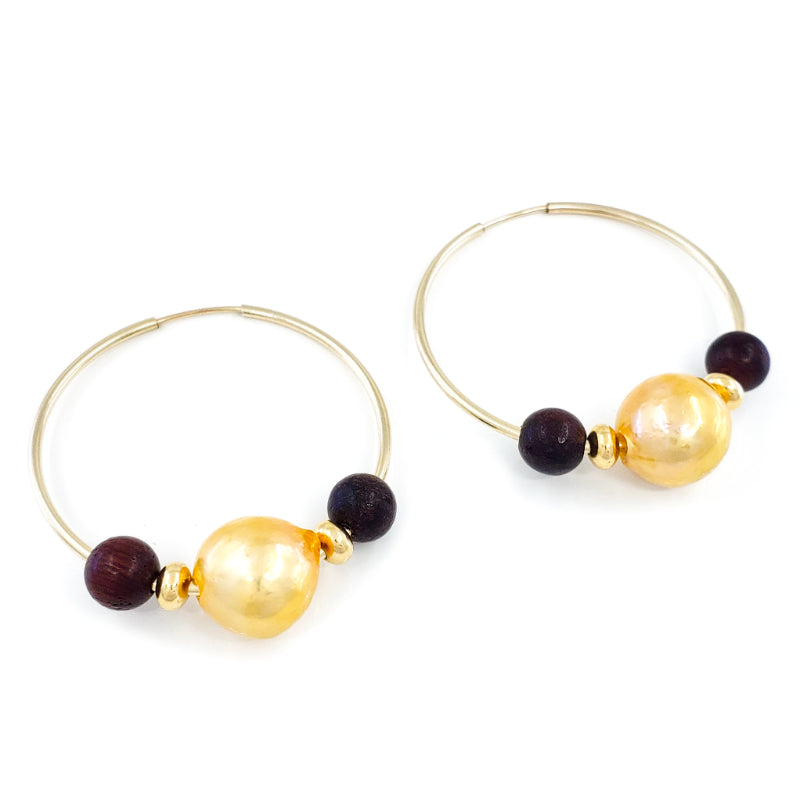 14k Gold Filled Hoop Earrings with 11mm Golden Edison Pearls and Monkeypod Wood Beads
