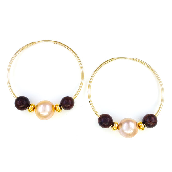 su HA wood ball hoop earrings えんじゅ K18 Acacia-Wood-and-Gold-Plated-