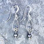 Pikake Earrings - Sterling Silver Pikake Flower with Black Freshwater Pearls