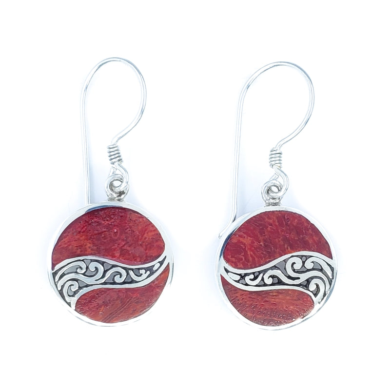 Small Round Red Coral Earrings with Filigreed Sterling Silver Waves