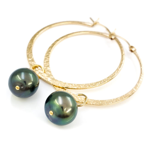 11mm Tahitian Pearls on 1-1/2" Large Textured Gold Filled Hoop Earrings