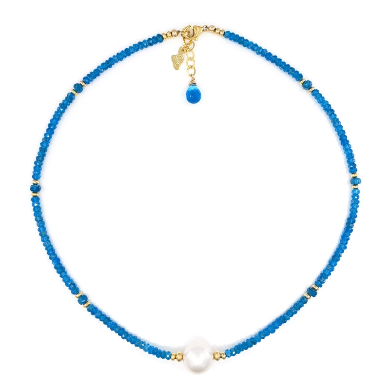 Apatite Gemstones Necklace with White Edison Pearl