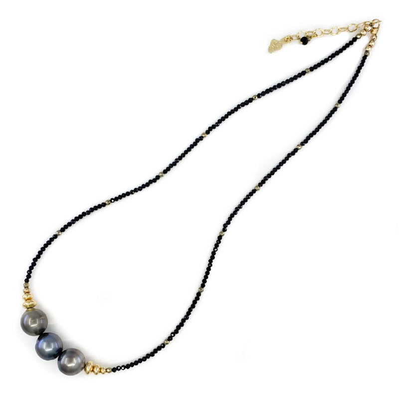 Black Spinel Gold Necklace with 3 Tahitian Pearls