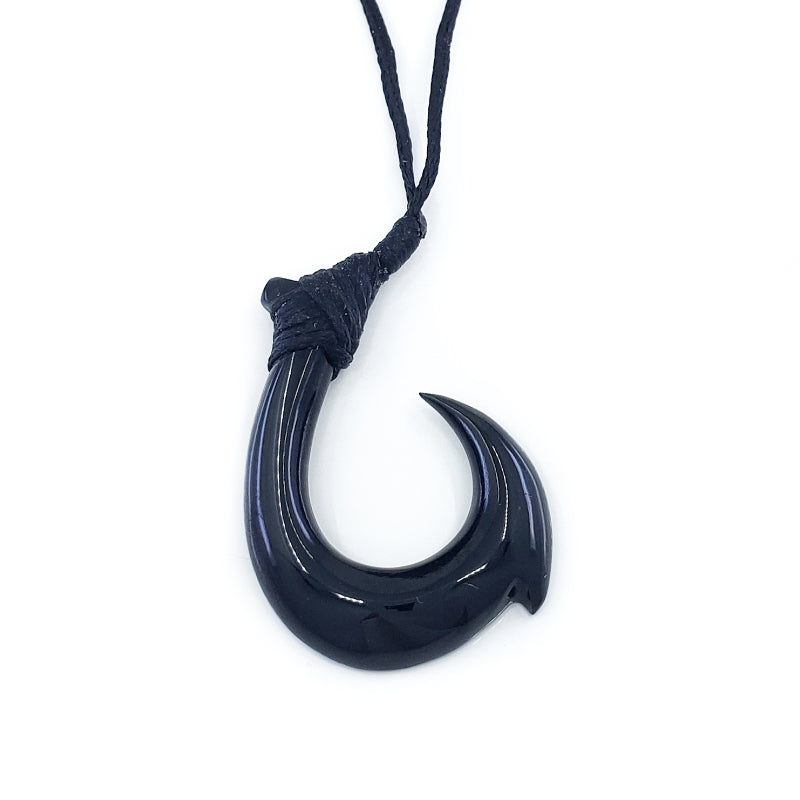Black Jade Fish Hook Necklace with Adjustable Jade Beads on Black Nylon Cord