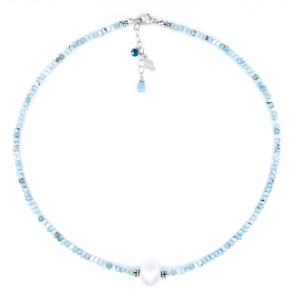 Beaded Larimar & Sterling Silver Necklace with White Edison