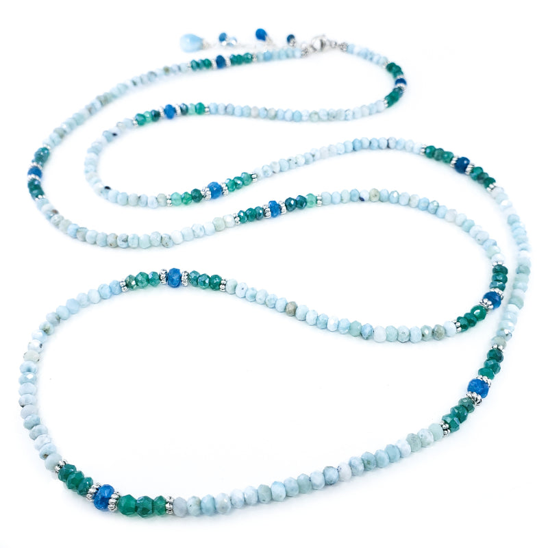 Long Larimar, Apatite, and Mystic Aventurine Necklace in Sterling Silver