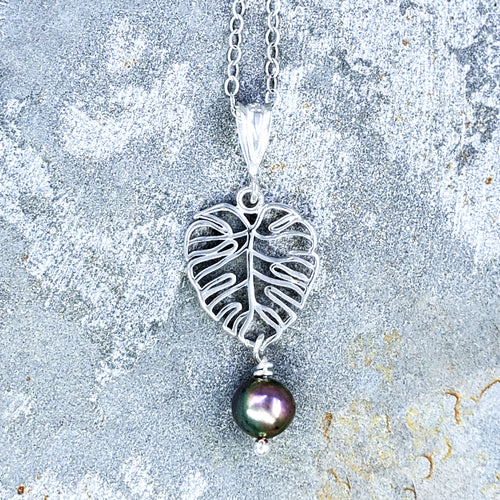 Hana Necklace - Sterling Silver Monstera Leaf with Black Freshwater Pearl on 16”, 18” or 20” Sterling Silver Chain