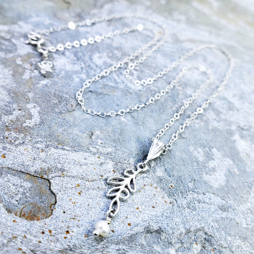 Maile Necklace - Sterling Silver Maile Leaf with White Freshwater Pearl on 16”, 18” or 20” Sterling Silver Chain