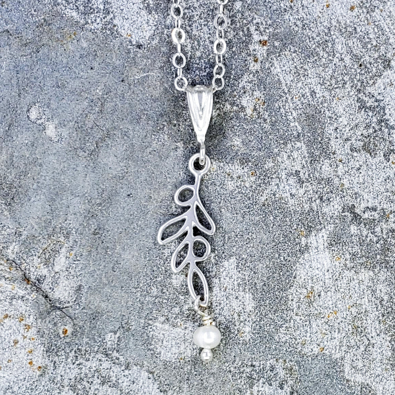 Maile Necklace - Sterling Silver Maile Leaf with White Freshwater Pearl on 16”, 18” or 20” Sterling Silver Chain