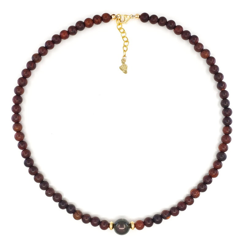 Monkeypod Wood Bead Necklace with 10-11mm Tahitian Pearl