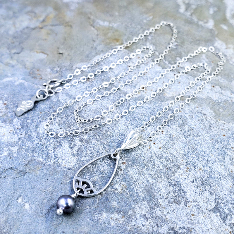 Pikake Necklace - Sterling Silver Pikake Flower with Black Freshwater Pearls on 16”, 18” or 20” Sterling Silver Chain
