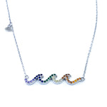 Sterling Silver Necklace with 3 Rainbow Cubic Zirconia Waves