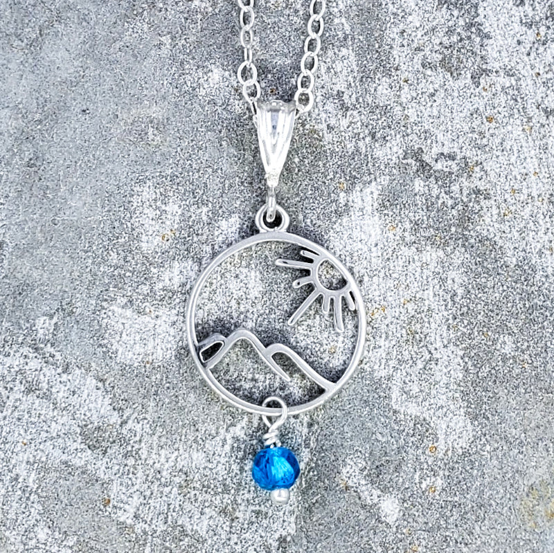 Haleakala Necklace - Sterling Silver Sun & Volcano with Blue Apatite on 16”, 18” or 20” Sterling Silver Chain