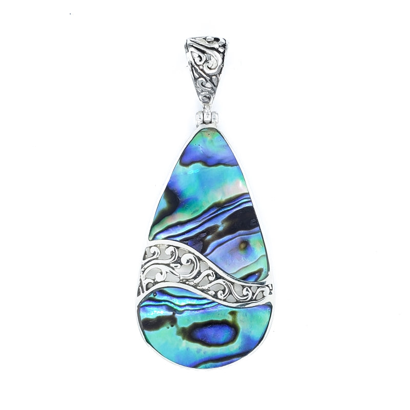 Droplet Abalone Shell Pendant with Filigreed Sterling Silver Waves