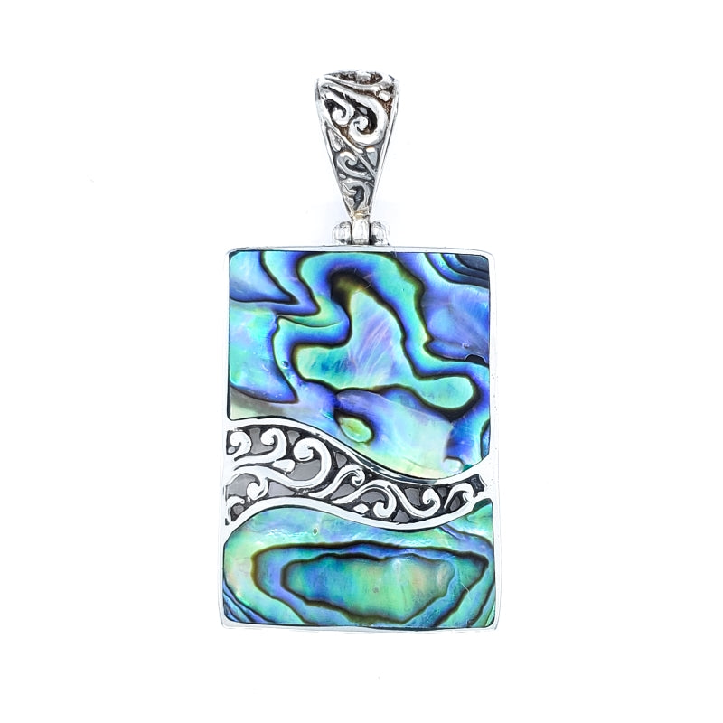Rectangular Abalone Shell Pendant with Filigreed Sterling Silver Waves