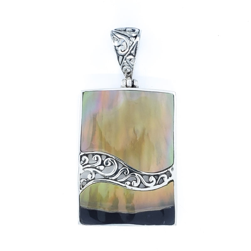 Rectangular Sunset Shell Pendant with Filigreed Sterling Silver Waves