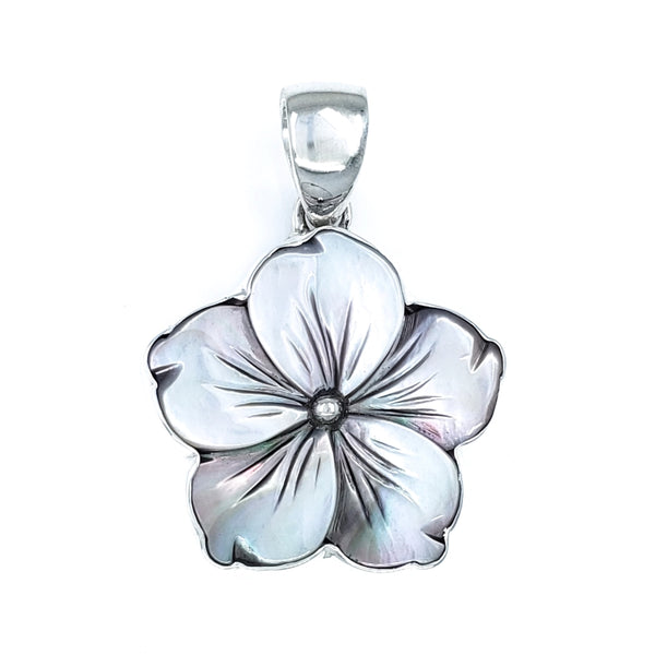 FLOWERS ジグソーパズル  innocent Grey Gray Mother of Pearl & Sterling Silver Hibiscus Pendant