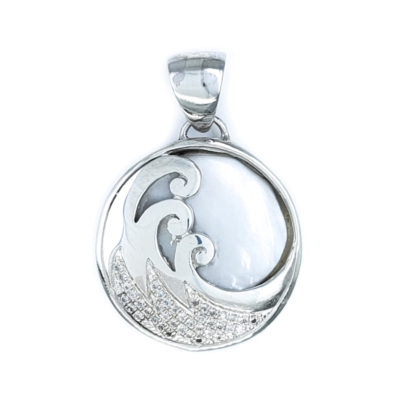 Delicate Sterling Silver Wave Pendant with White Mother of Pearl & Cubic Zirconia