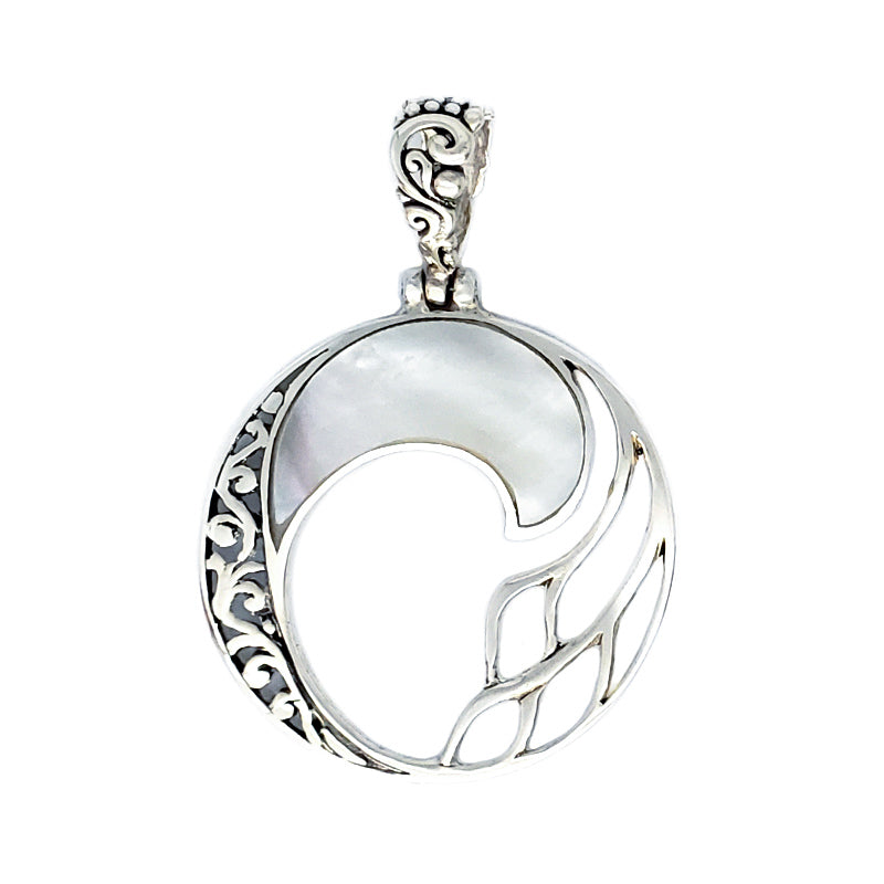 Round Mother of Pearl Pendant with Filigreed Sterling Silver Waves