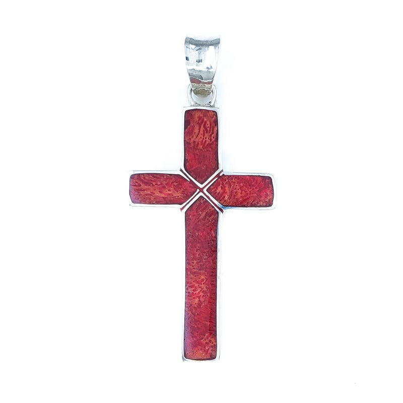 Sterling Silver Cross Pendant with Red Coral