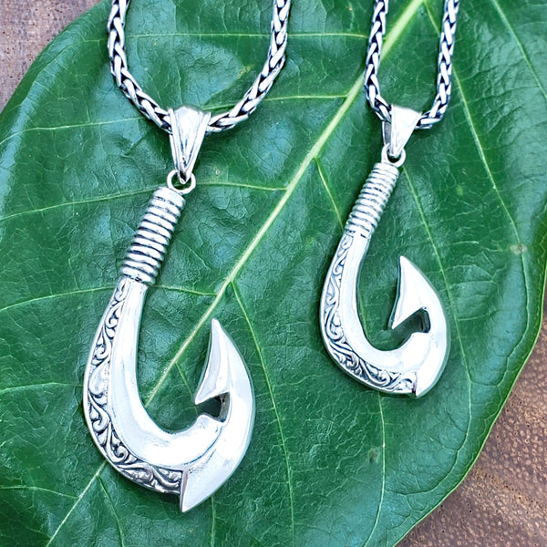 blue polynesian fish hook Ornate Sterling Silver Fish Hook Pendant