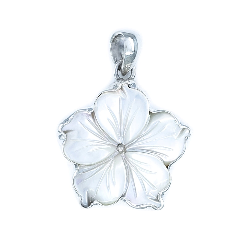 White Mother of Pearl & Sterling Silver Hibiscus Pendant