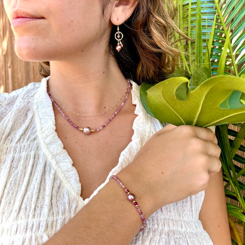 Pink Edison Pearl, Pink Tourmaline, Ruby & 14k Gold Filled Bracelet