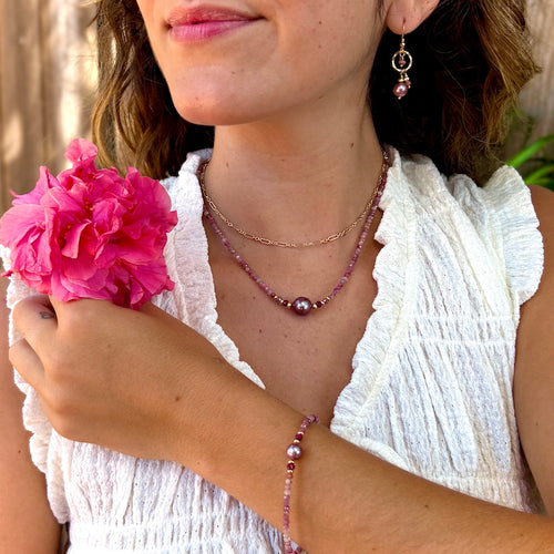 Pink Edison Pearl, Pink Tourmaline, Ruby & 14k Gold Filled Necklace, Bracelet & Earrings