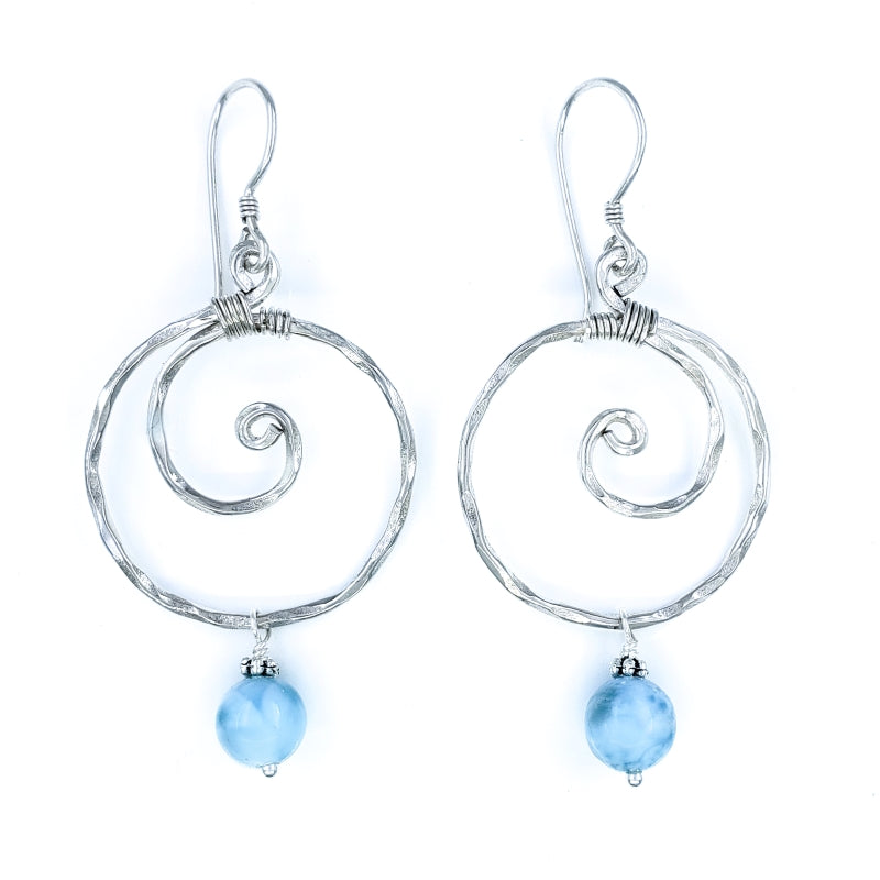 Hammered Sterling Silver Wave Earrings with Larimar