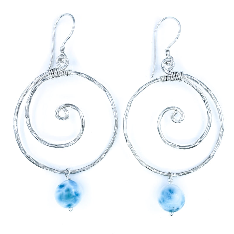 Hammered Sterling Silver Wave Earrings with Larimar