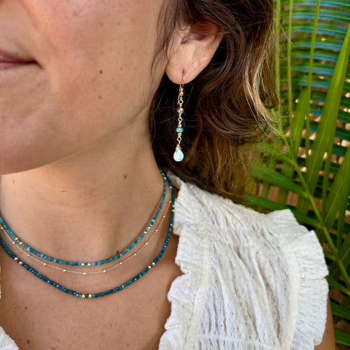 Larimar, Apatite, Freshwater Pearls & 14k Gold Earrings