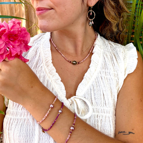 Tahitian Pearl, Rhodochrosite, Ruby & 14k Gold Filled Necklace & Earrings