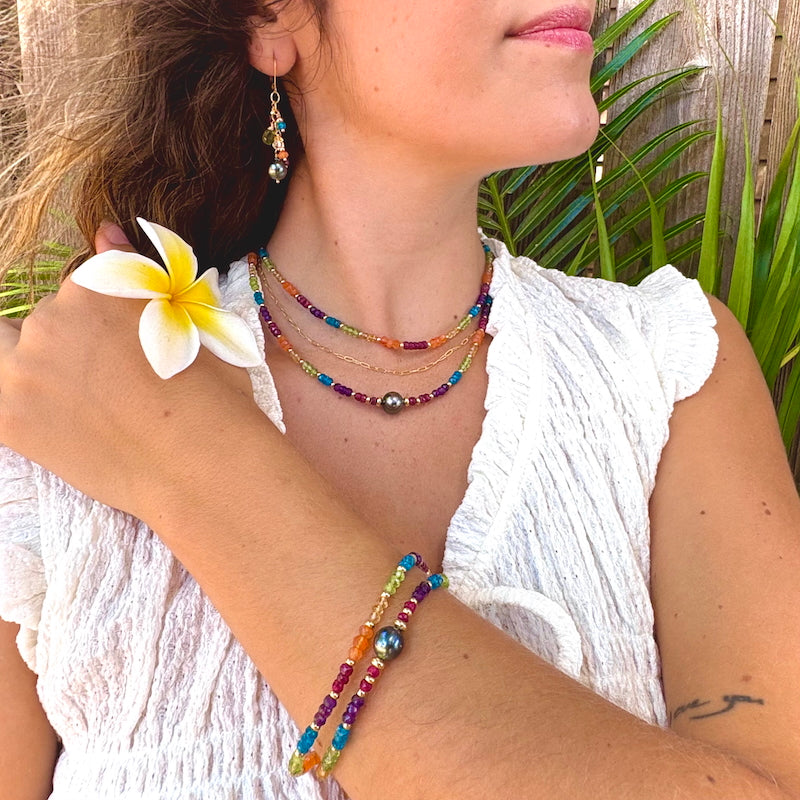Tahitian Pearl, Multi Gemstone & 14k Gold Filled Rainbow Bracelet