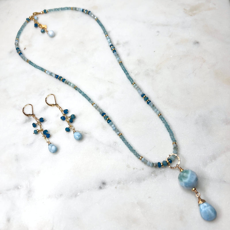 Larimar, Apatite, Blue Topaz, & 14k Gold Filled Necklace & Earrings