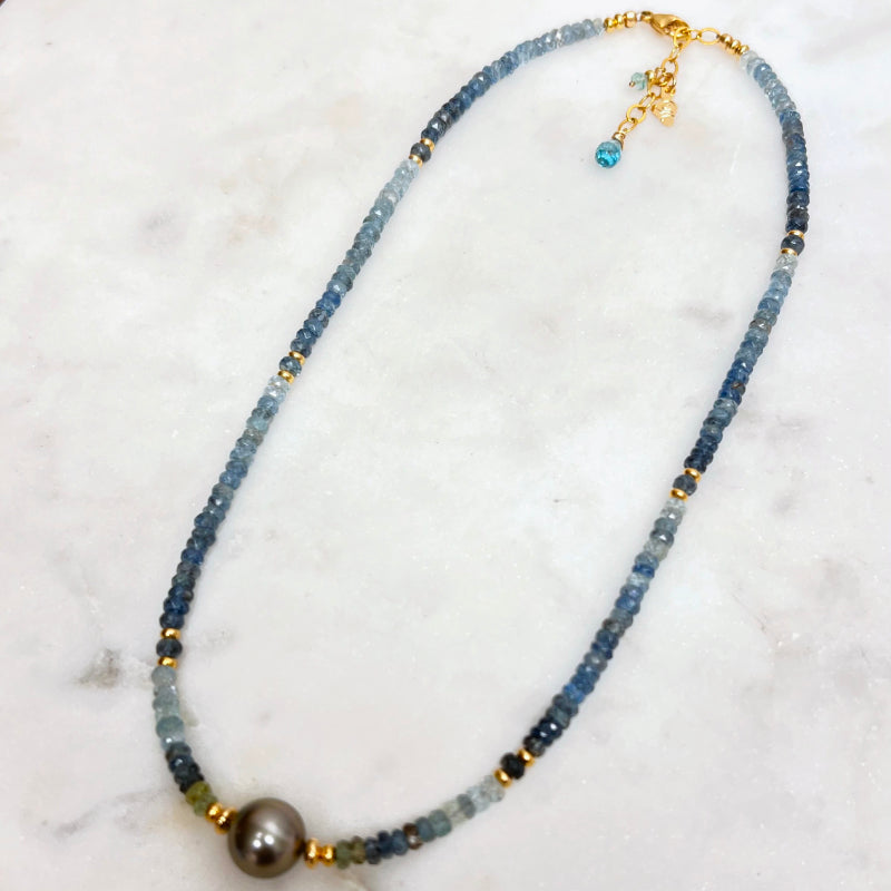 Moss Aquamarine & 14k Gold Fliled Necklaces with Tahitian Pearls