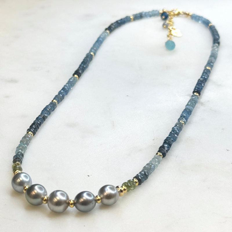 Moss Aquamarine & 14k Gold Fliled Necklaces with Tahitian Pearls