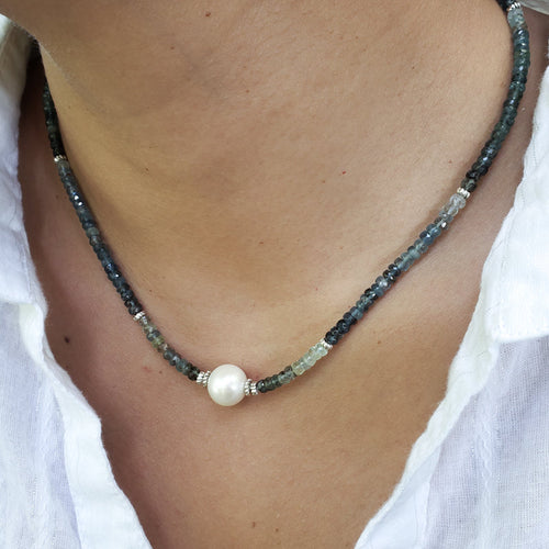 Aqua Gemstones Necklace with White Edison Pearl