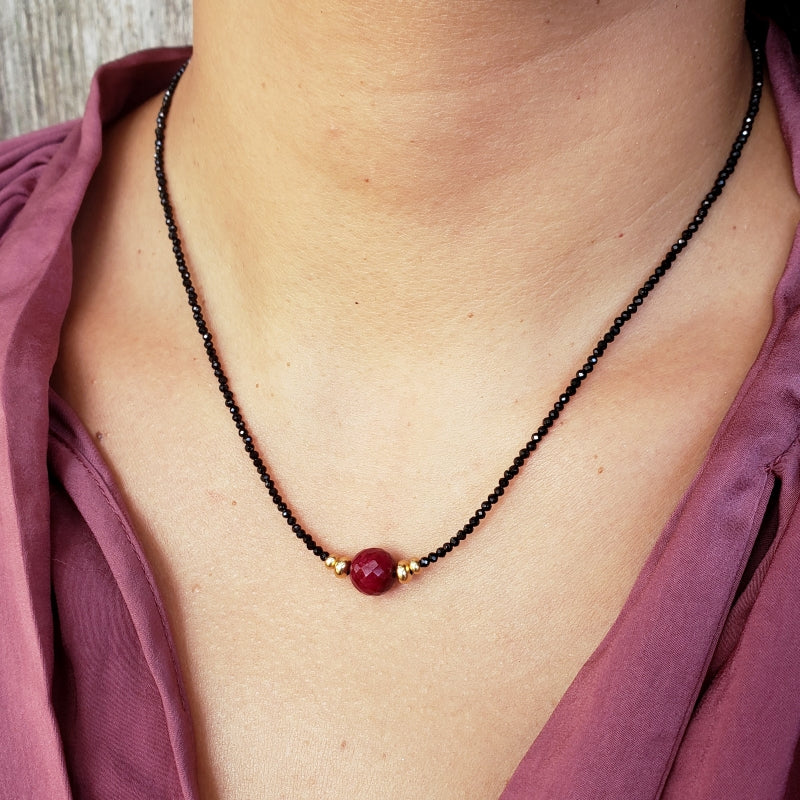 Black Spinel Necklace with 8mm Faceted Ruby Bead