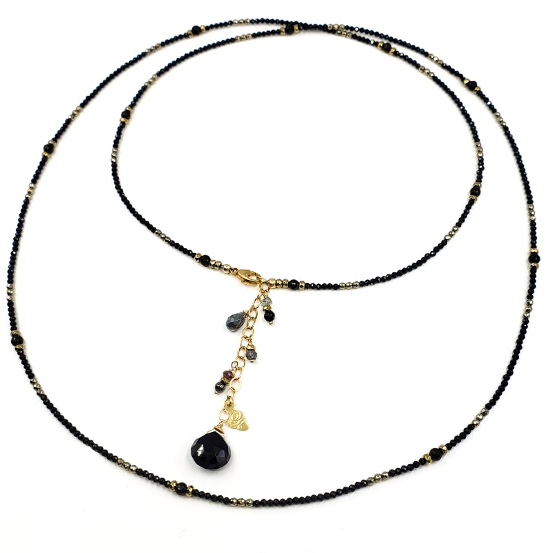 Long Black Spinel Necklace with Pyrite