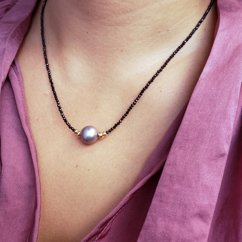 Black Spinel Necklace with 10mm Pink Freshwater Pearl