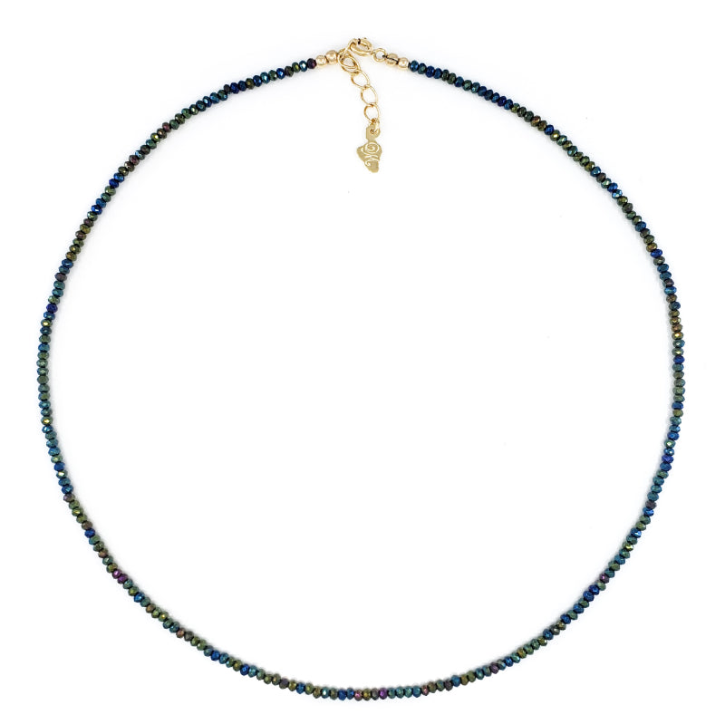 Sparkly dark green Hematite Gemstones Necklace with 14k Gold Filled clasp. Shimmers in blue, red, and purple tones when light hits it just right. Perfect for wearing by itself, layered with other necklaces, or to use instead of a chain with a pendant. 