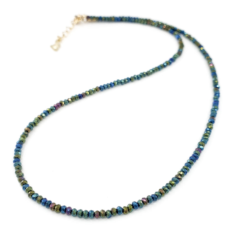 Sparkly dark green Hematite Gemstones Necklace with 14k Gold Filled clasp. Shimmers in blue, red, and purple tones when light hits it just right. Perfect for wearing by itself, layered with other necklaces, or to use instead of a chain with a pendant. 
