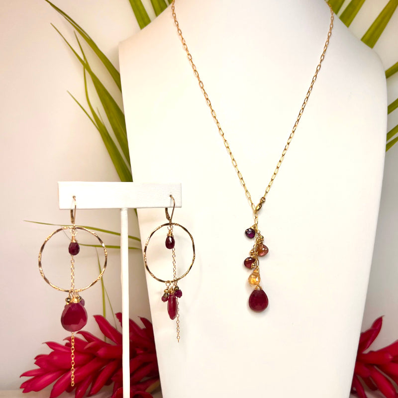 Rubies, Sapphires, & Gold Filled Necklace & Ruby Earrings