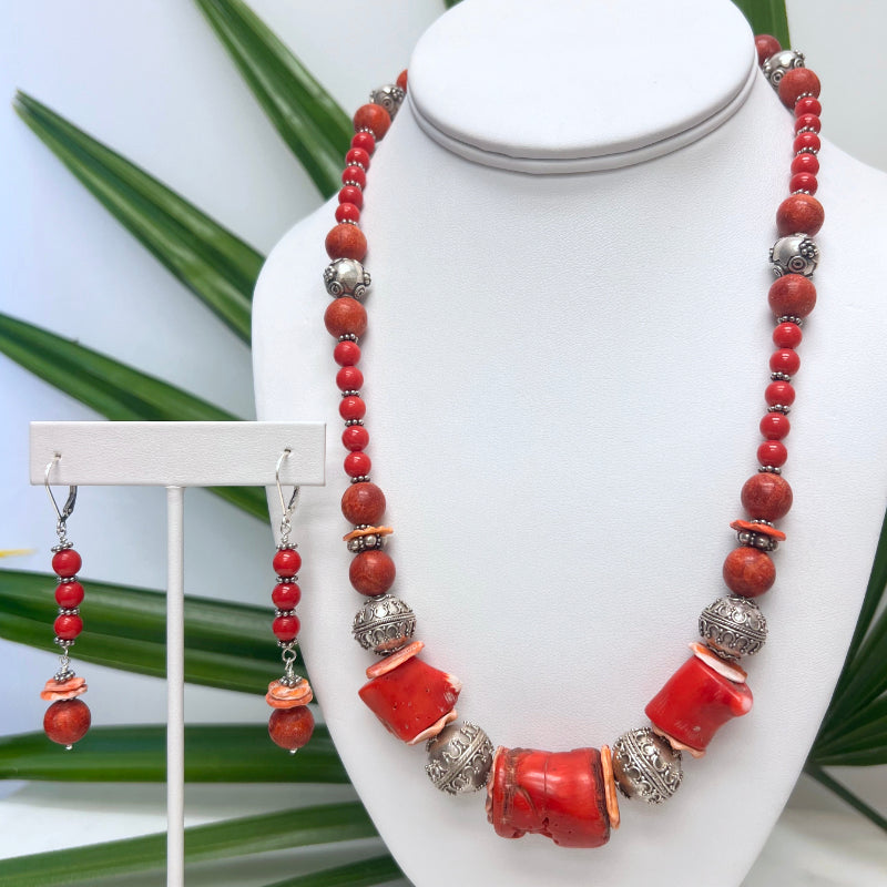 Red Coral, Spiny Oyster & Steling Silver Earrings & Necklace