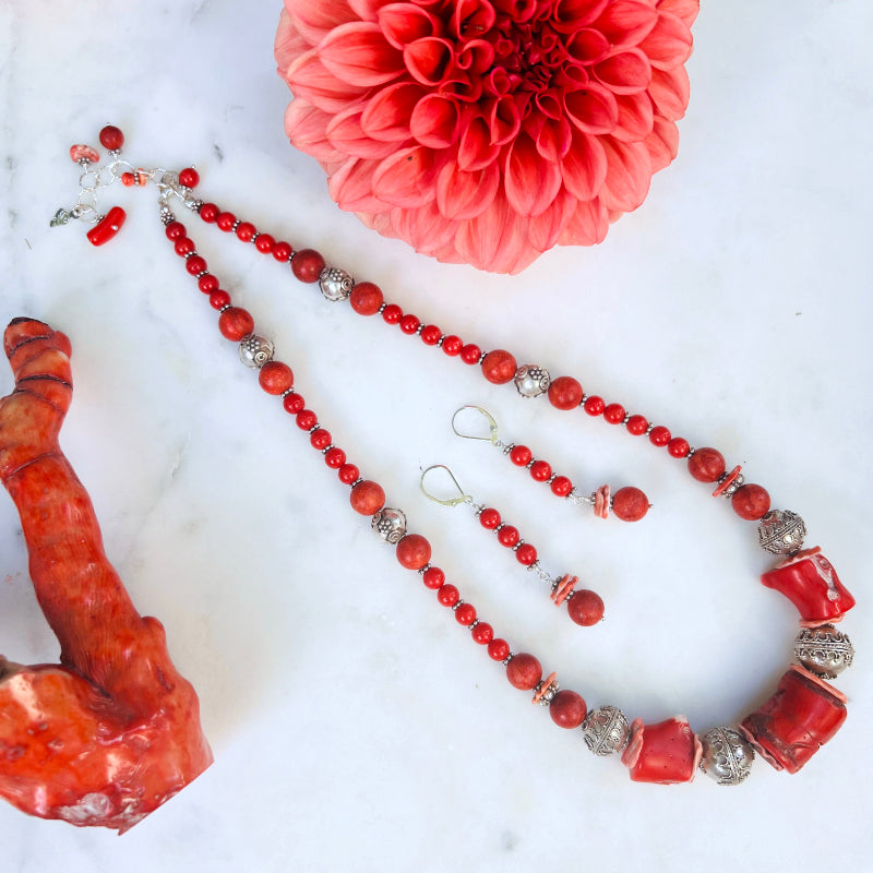 Red Coral, Spiny Oyster & Steling Silver Earrings & Necklace